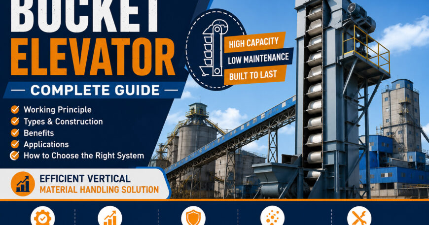 Industrial bucket elevator system for vertical bulk material handling in a cement and mining plant by Shree Techno Engineers.