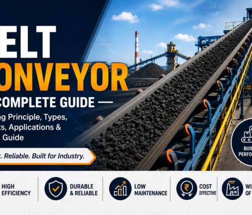 Heavy-duty industrial belt conveyor system for bulk material handling at a manufacturing plant by Shree Techno Engineers.