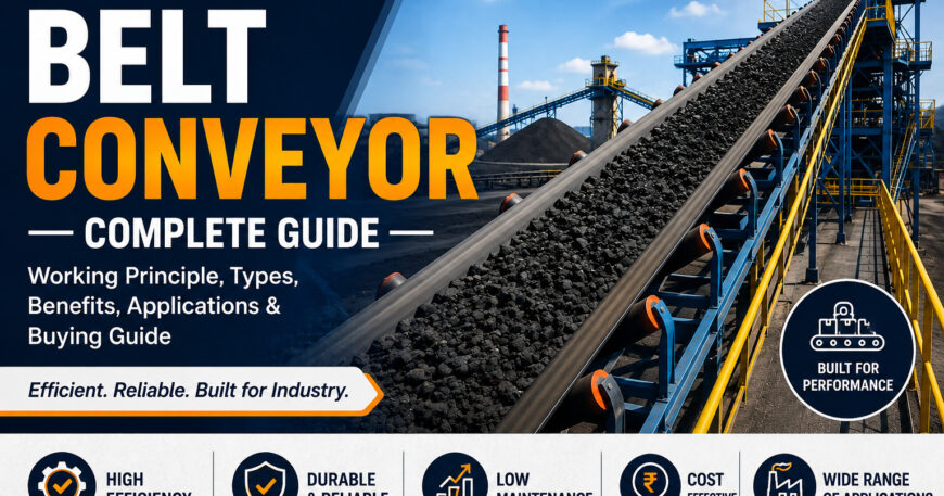 Heavy-duty industrial belt conveyor system for bulk material handling at a manufacturing plant by Shree Techno Engineers.